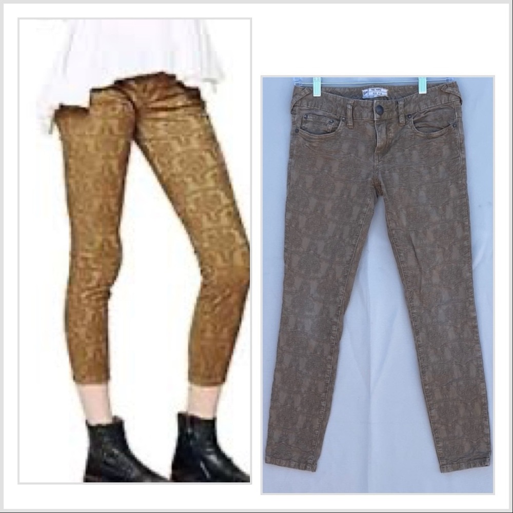 Free People Women's Skinny Jeans, Size 25, Gold Jacquard Textured